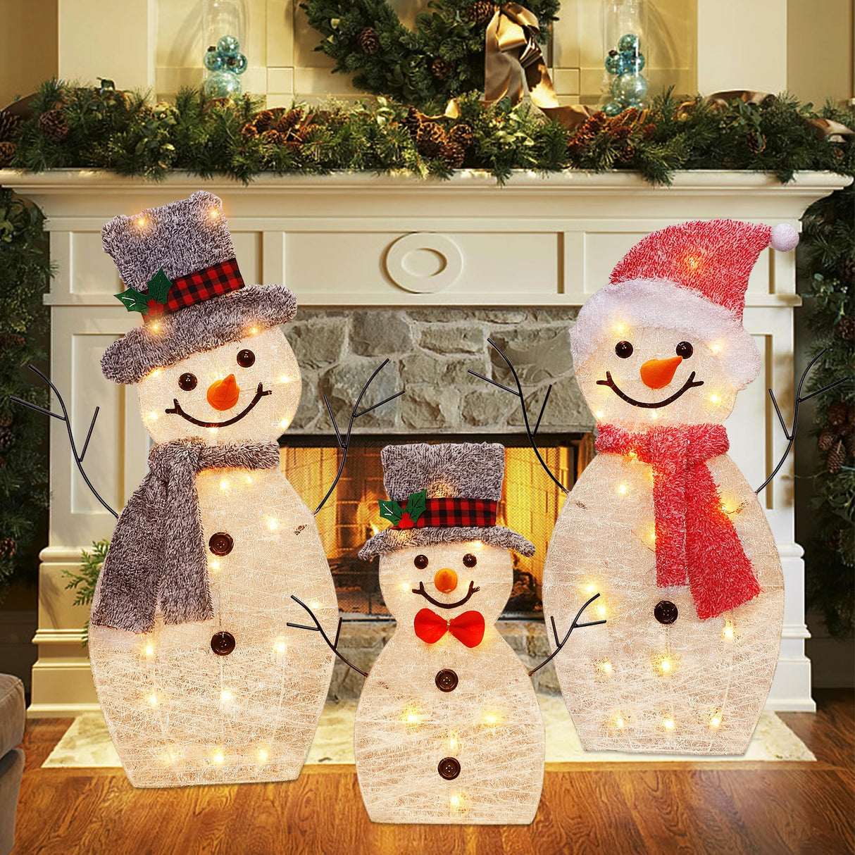 ATDAWN Light Up Snowman Family, Pre-Lit 60 Lights Christmas Collapsible Snowman Outdoor Decoration, Outdoor Lighted Snowman Christmas Yard Decorations, SF02
