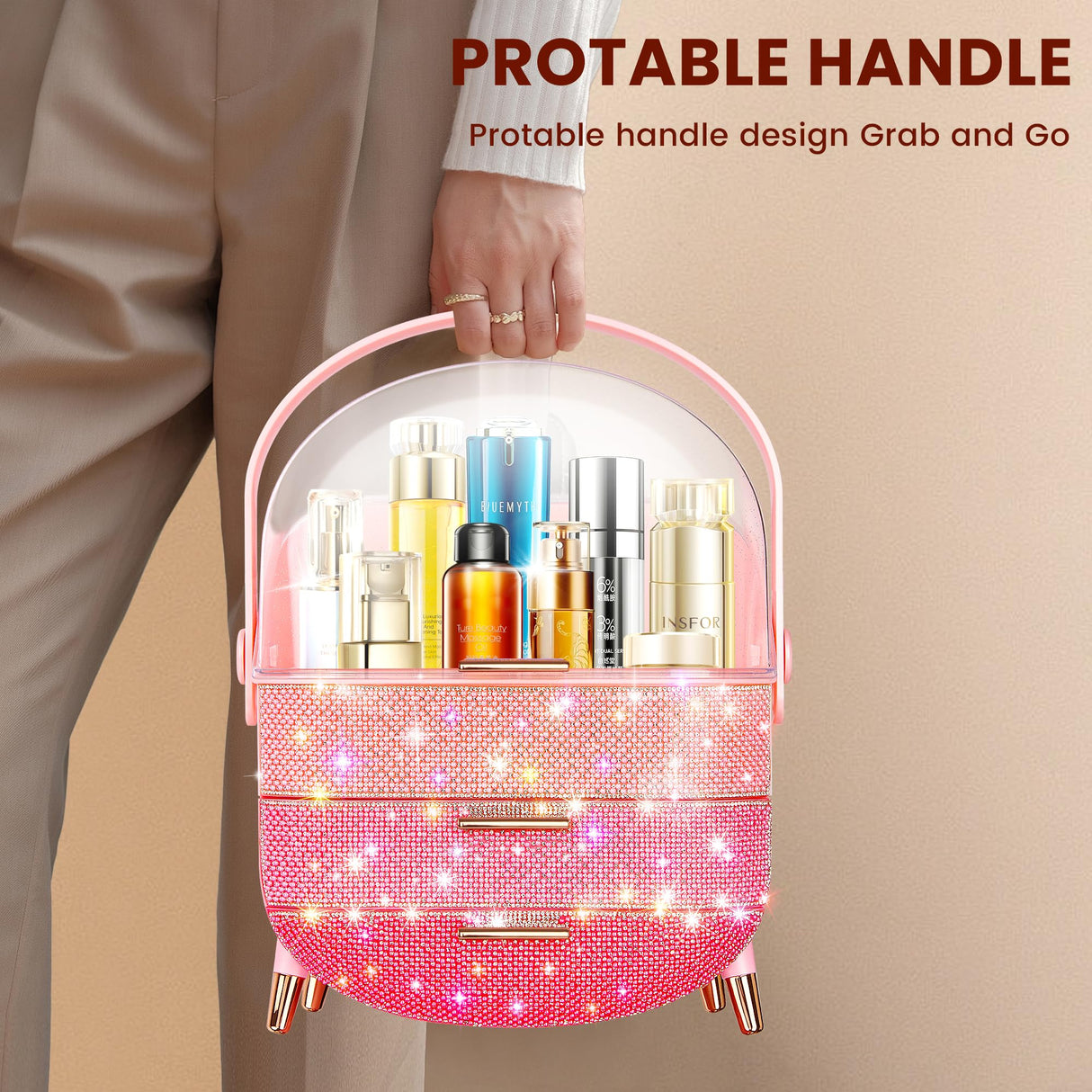 Bling Makeup Organizer for Teen Girl Gift,Hollywood Vanity Makeup Storage Box for Girl Birthday Gift,Practical Gift for Daughter,Bathroom Organizer,Skincare Organizer (Triple Pink)