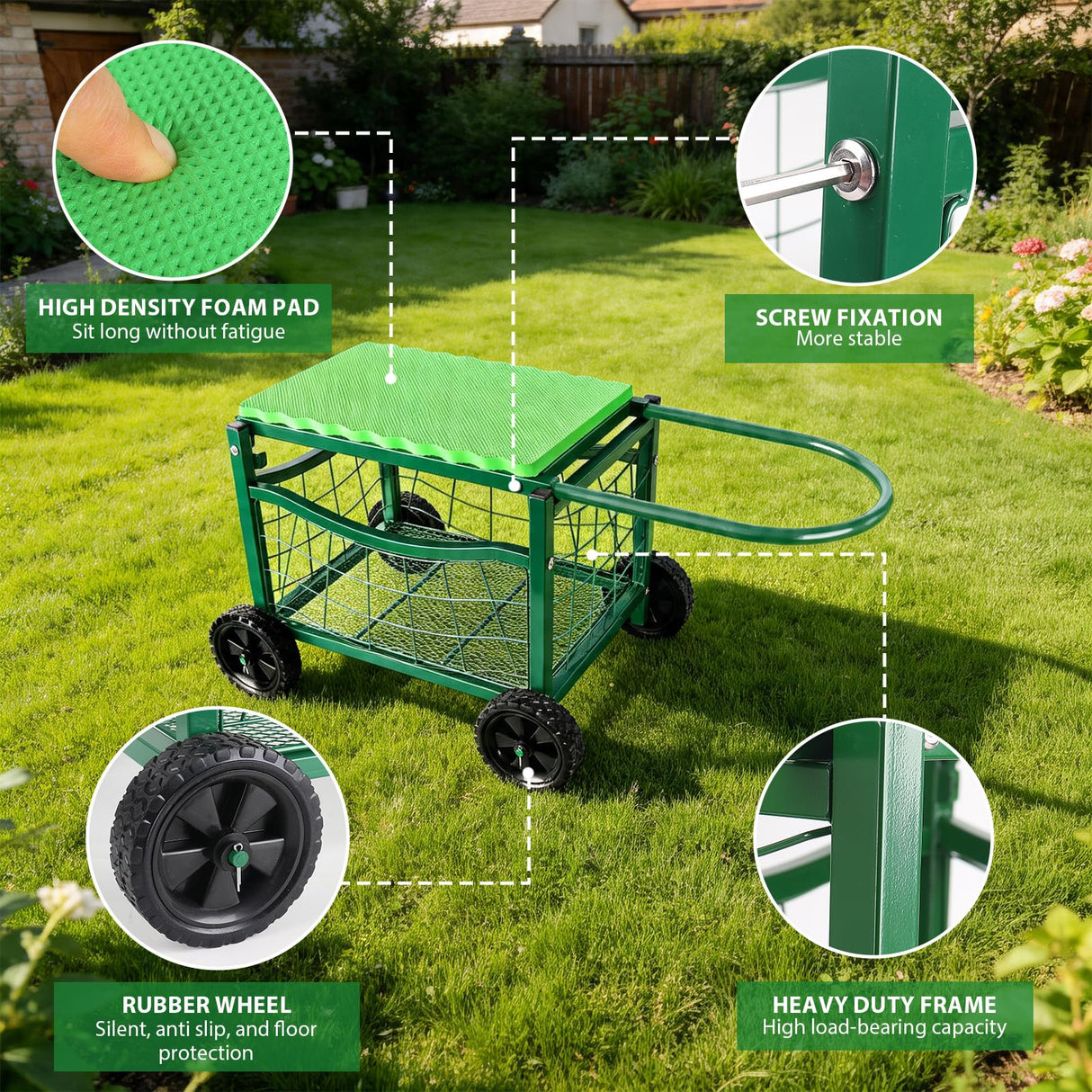 Rolling Garden Workseat with Wheels, Metal Frame Gardenning Stools with Padded Cushion,Hold 150Kgs