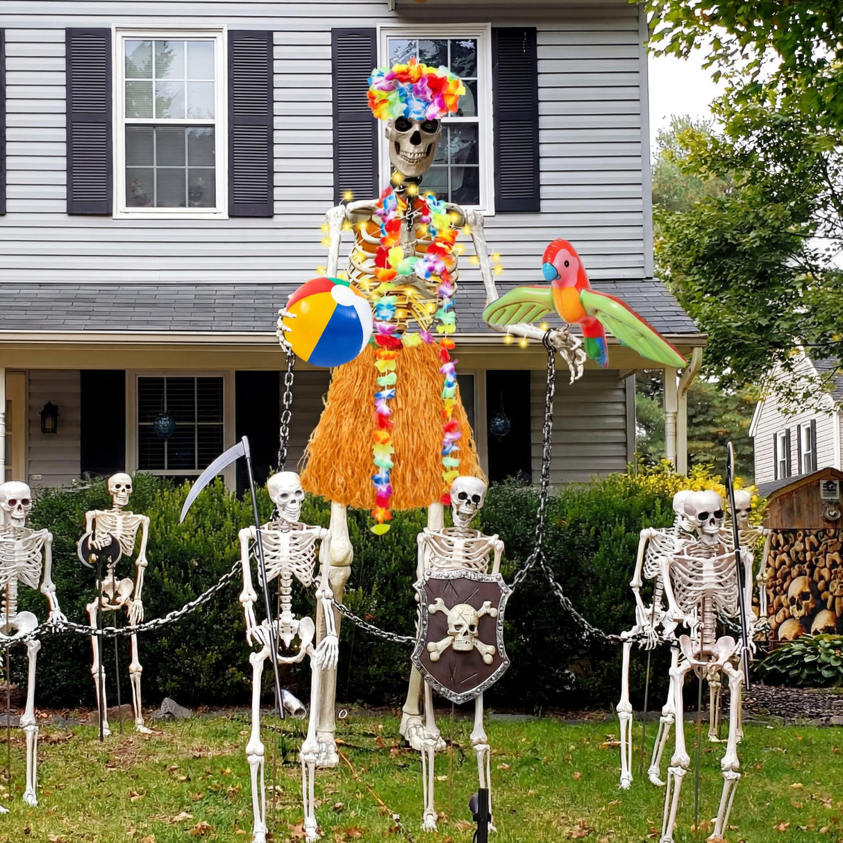 Lunmon 8 Pcs Summer Hawaiian 12 ft Skeleton Costume Accessories Hawaiian Hula Grass Skirt Tropical Flower Garlands Wristbands Beach Ball Skeleton Outfit for Garden Lawn Luau Party Decor(Yellow)