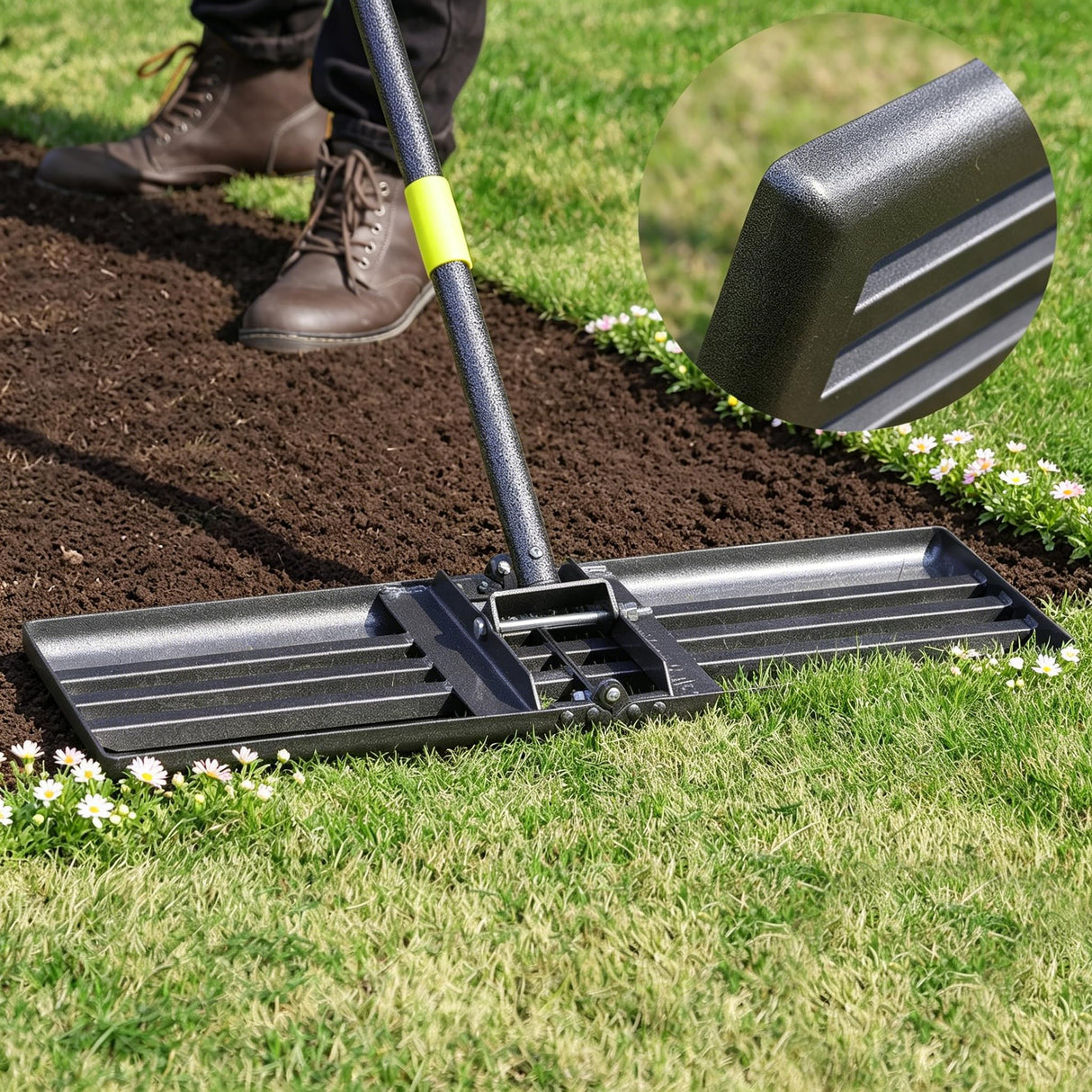 Lawn Leveling Rake Heavy Duty, 30"x10" Large Ground Plate Leveler Tool, Anti Flipping Smooth Edge Pull Behind Garden Landscape Rake for Soil Sand Dirt Yard Top Dressing, Long Handle 65 Inch