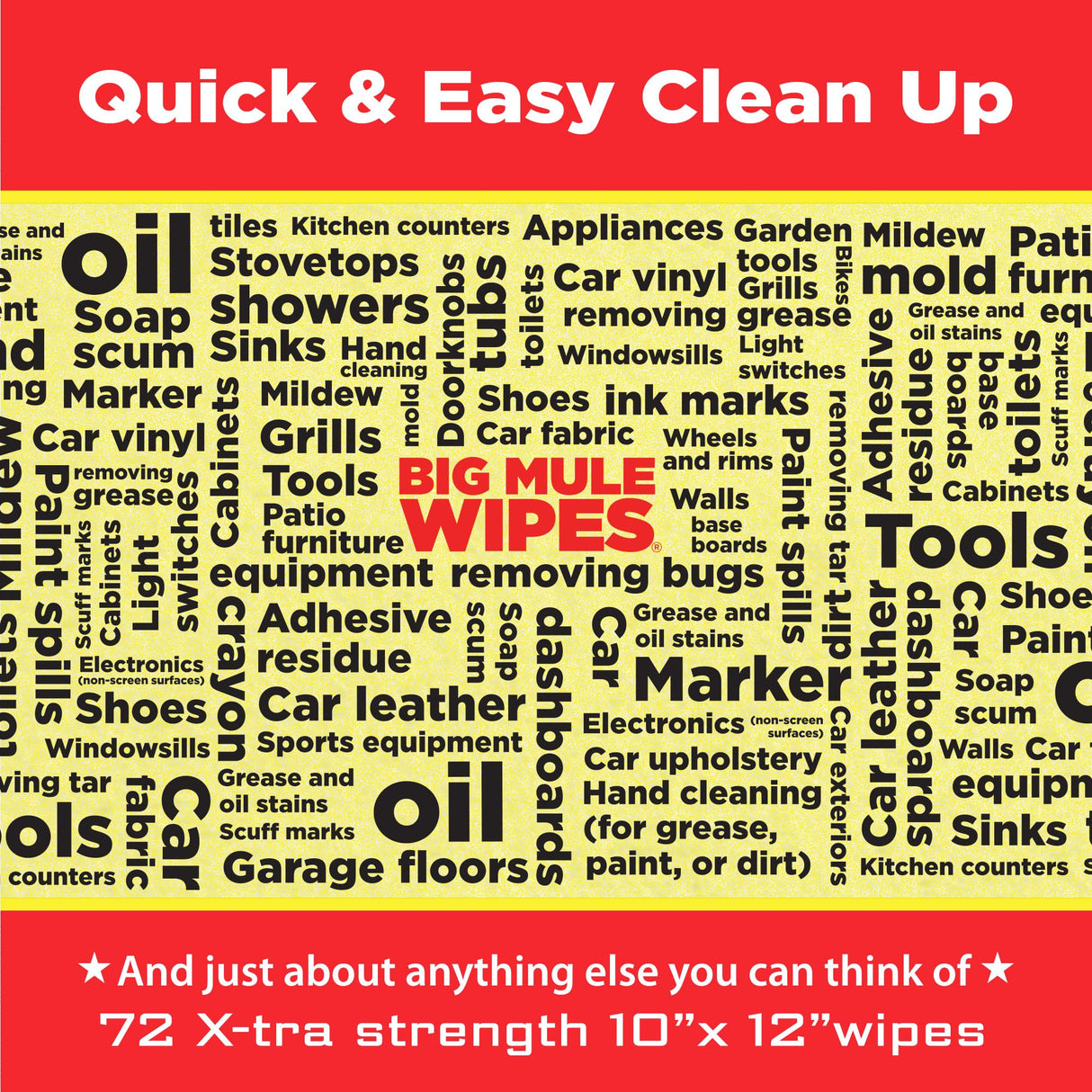 Mule Head Brand XL Heavy-Duty Cleaning Wipes – (10" x 12") – All-Purpose Garage, Automotive & Car Interior Cleaning – Ink, Paint, Tar & Grime Remover – Home, Tools & Multiple Surfaces