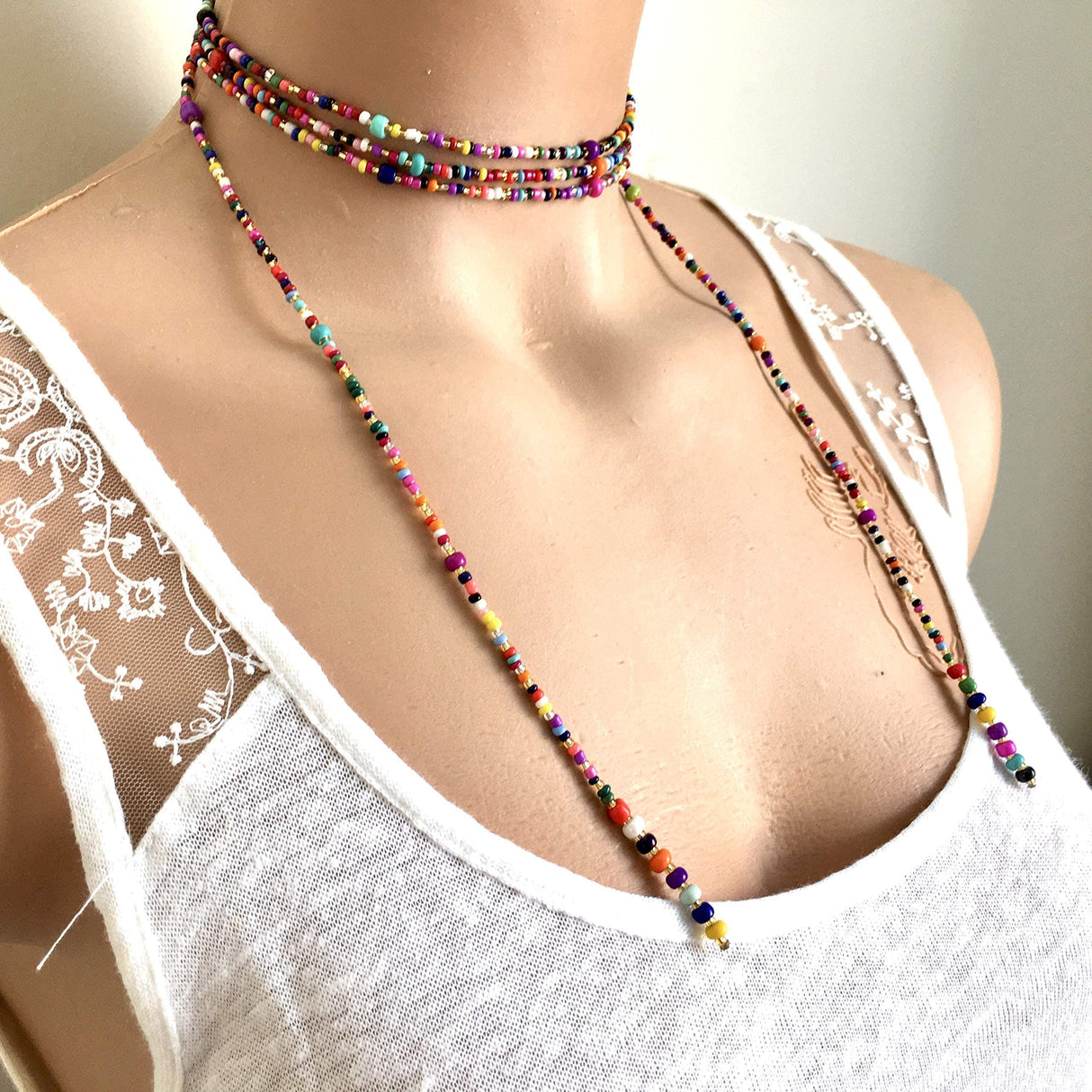Colorful Bead Necklace, Long Tie Choker, Wrap Necklace, Wrap Seed bead, Lariat Necklace, Christmas Gift Woman, Wrapped Beaded Choker
