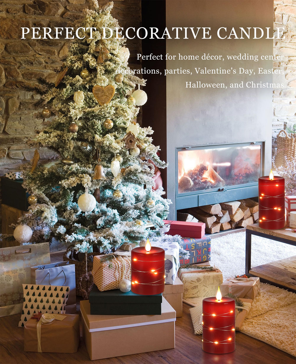 Fanzir Red flameless Candles with Remote Control Timer Battery Operated LED Pillar Candles 4‘’ 5‘’ 6‘’ Fake Candles with String Lights Set of 3 for Christmas or Special Festivals Decorations