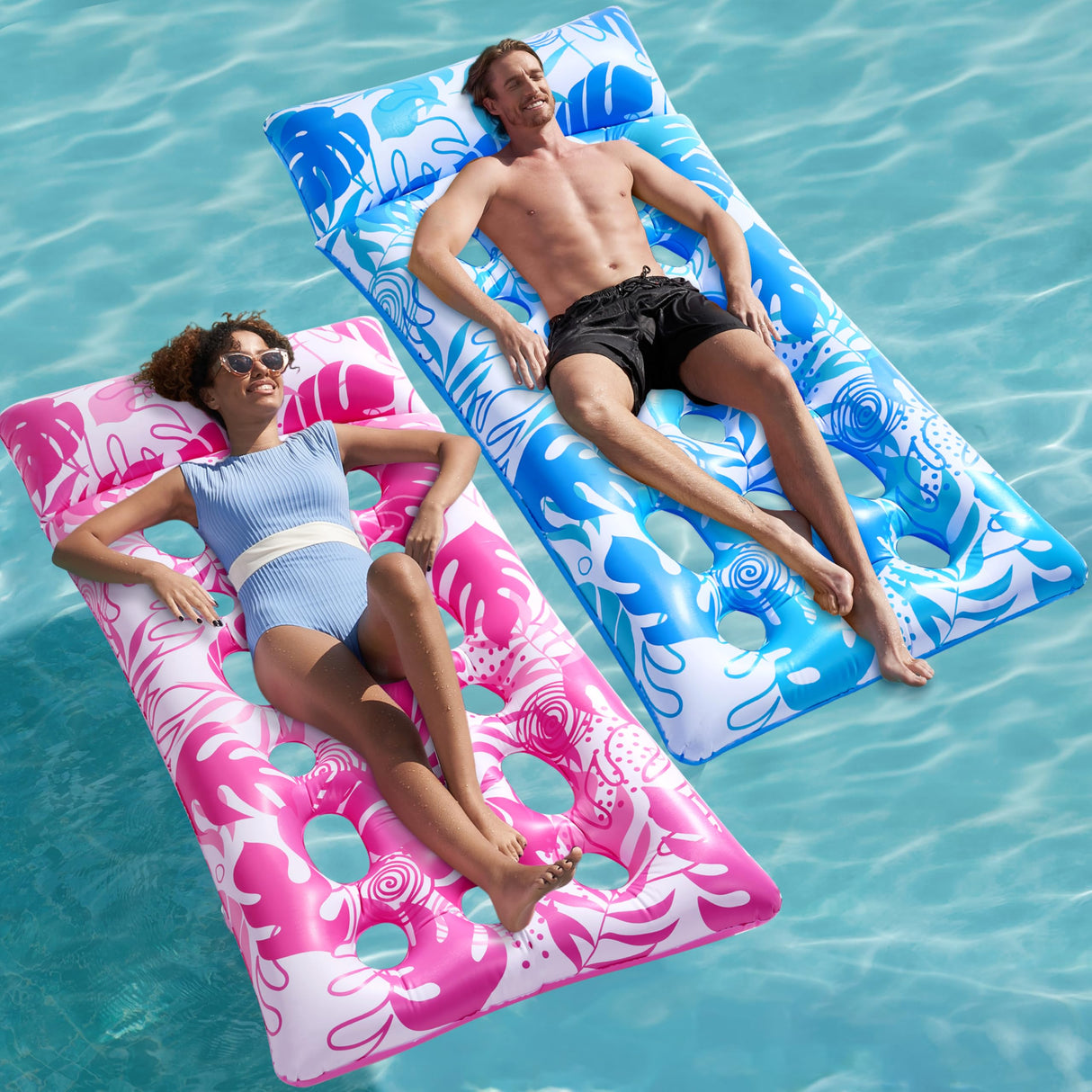 SLOOSH 2-Pack Inflatable Pool Floats Mat - XL Floaties Adults Size with Headrest, Sun Tanning Raft Lake Beach Swimming Party Pool Toys Floating Lounge Above Water Keep Cool (Blue/Pink)