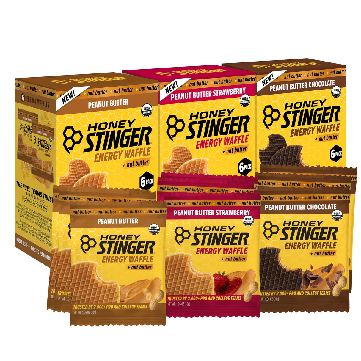 Honey Stinger Organic Peanut Butter Energy Waffle Variety Pack, 6 Pack Each of Peanut Butter, PB Chocolate and PB Strawberry, Nutritious Stroopwafel Snack for Exercise, Endurance and Performance