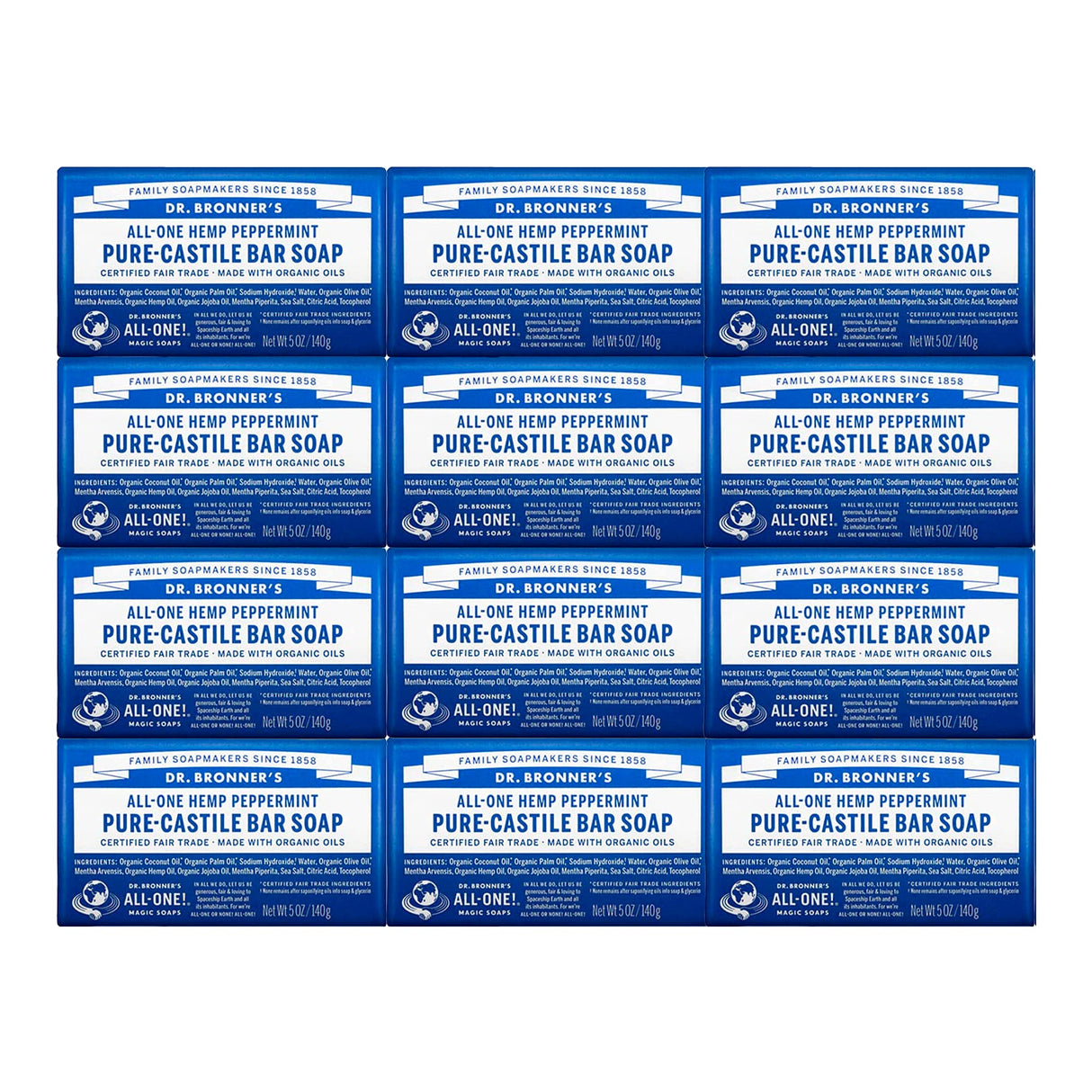 Dr. Bronner's - Pure-Castile Bar Soap (Peppermint, 5 Ounce, 12-Pack) - Made with Organic Oils, For Face, Body & Hair, Gentle & Moisturizing, Biodegradable, Vegan, Cruelty-free, Non-GMO