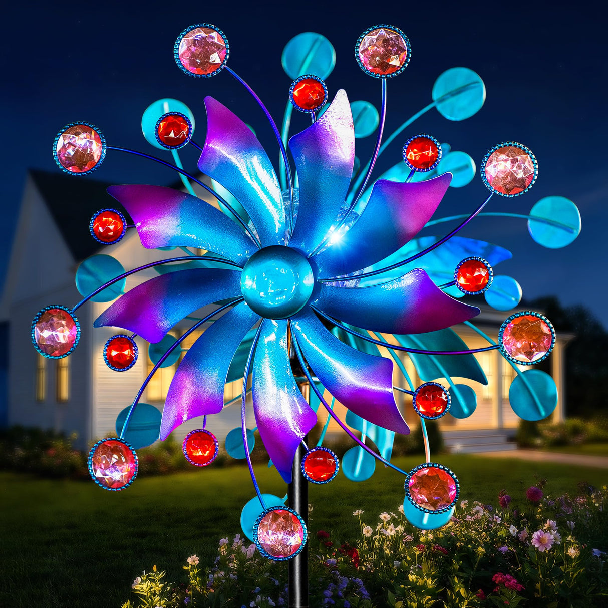 Solar Wind Spinner Outdoor - Metal Kinetic Wind Sculptures with Sparkling Jeweled Ornaments, Blue & Purple Gradient Dual-Direction Spinner, Solar LED Glass Ball Yard Art for Garden Patio Decor