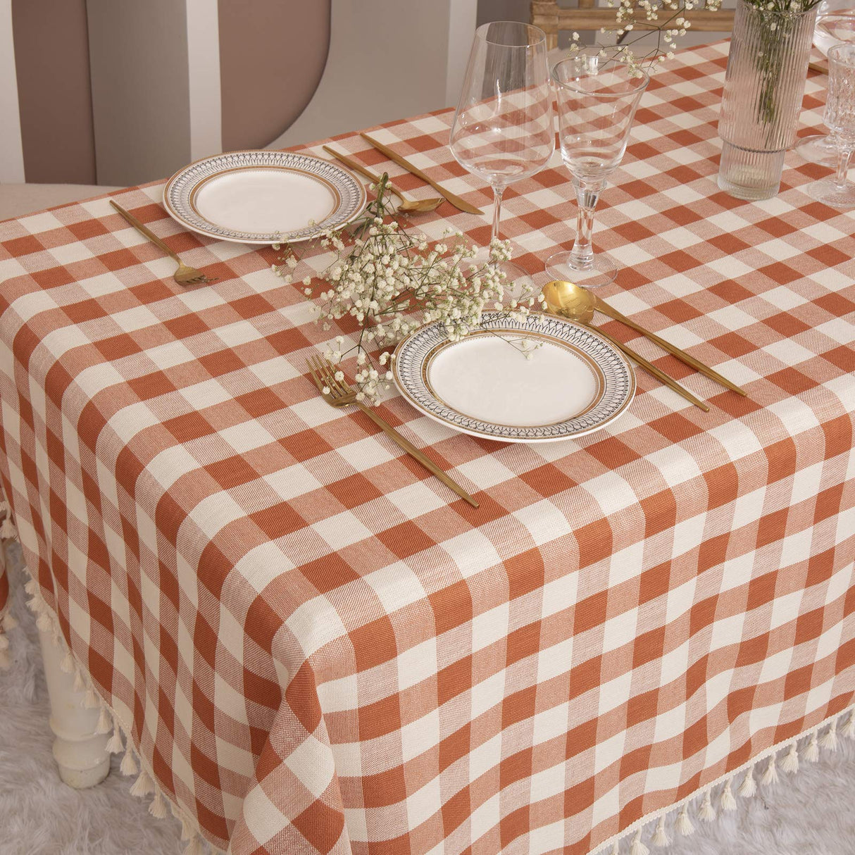 Midsummer Breeze Rustic Gingham Tablecloth, Cotton Buffalo Plaid Table Cloth for Fall Thanksgiving Christmas Kitchen Restaurant Holiday Outdoor Picnic Decoration(Rectangle/Oblong, 55x84,Orange