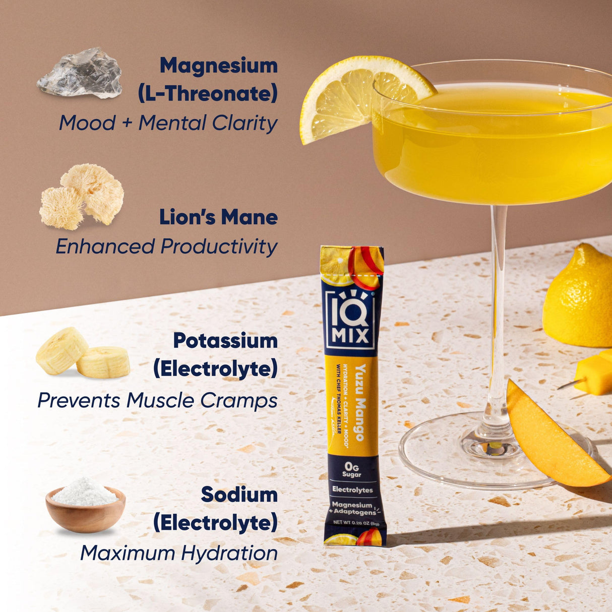 IQMIX x Chef Thomas Keller - Hydration Electrolyte Powder – 4-in-1 Formula for Hydration, Mental Clarity, Mood and Recovery – Sugar-Free, Keto, Magnesium L-Threonate, Lion’s Mane – 20 Count Yuzu Mango