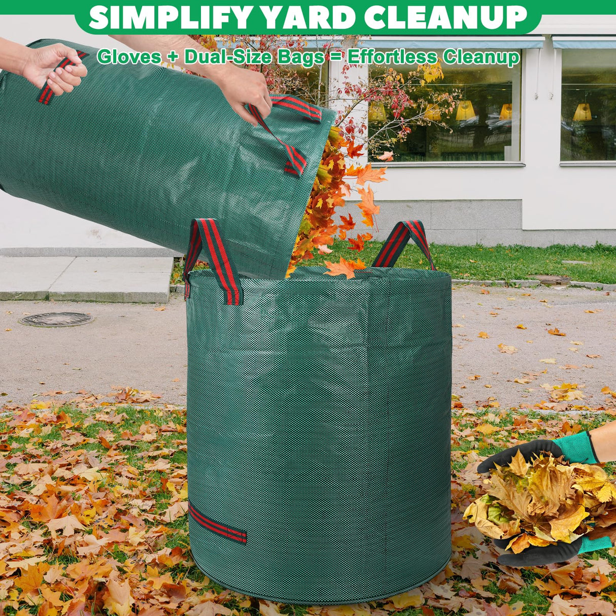 72 & 32 Gallon Reusable Yard Waste & Lawn and Leaf Bags with Handles - Tear Resistant Garden Trash Bags for Seasonal Cleanup, Patio, Lawn & Leaf Collection, Grass Clippings, Collapsible with Gloves
