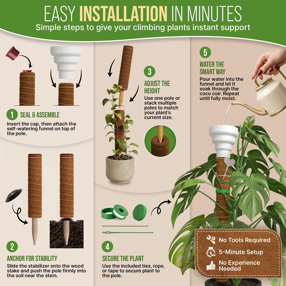 Organo Republic Moss Pole Monstera Plant Support Stakes - 2x26.4 or 48.7" Unique Self-Watering, Extendable Coco Coir Pole for Climbing Plant Supports for Potted Plants Indoor, Totem Pole for Pothos