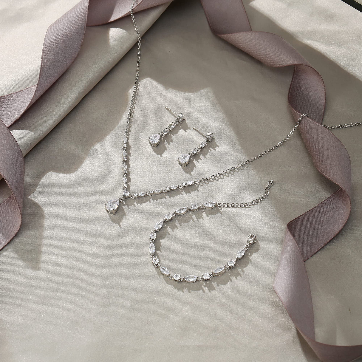 Clear Cubic Zirconia Drop Wedding Jewelry Set for Bride Bridesmaid Silver