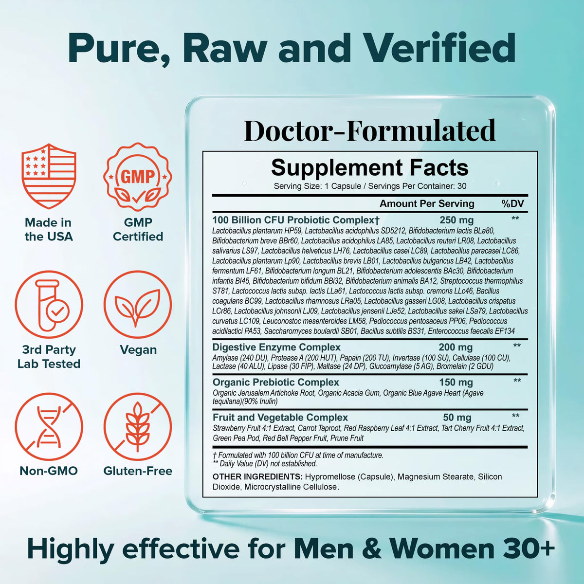 Wholesome Wellness Organic Raw Probiotics 100 Billion CFU, Dr Formulated for Women and Men, Complete Adult Supplement with Prebiotics, Probiotics and Digestive Enzymes; 30 Capsules