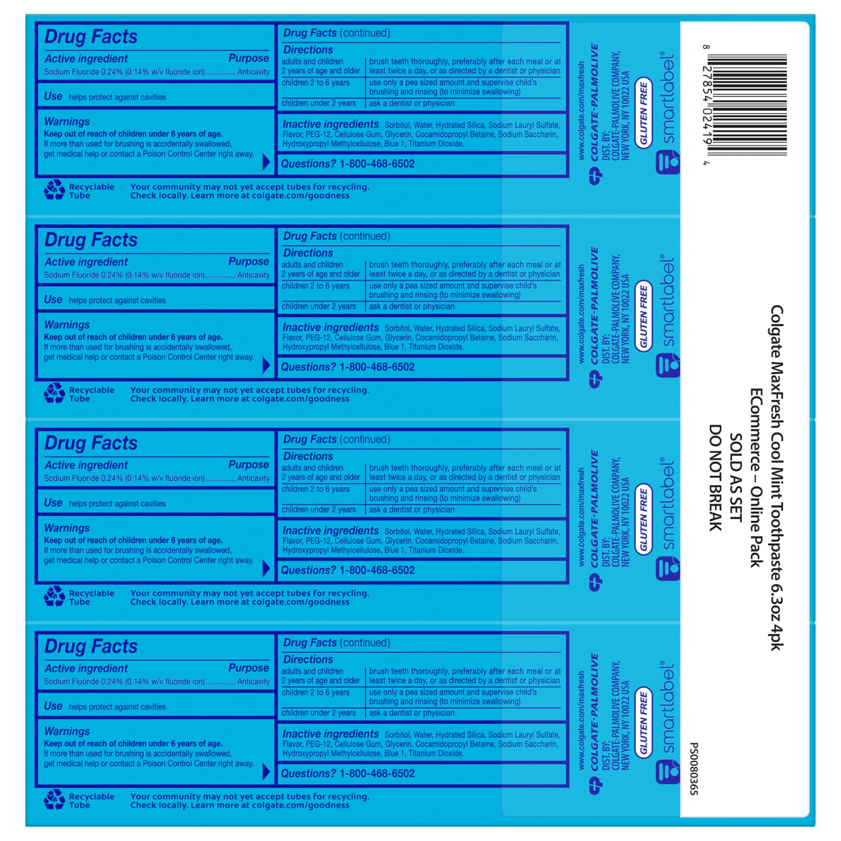 Colgate MaxFresh Cool Mint Toothpaste Pack, Fresh Breath Toothpaste with Fluoride and Hundreds of Mini Breath Strips, Leaves Mouth Feeling Refreshed for Hours, 4 Pack, 6.3 oz