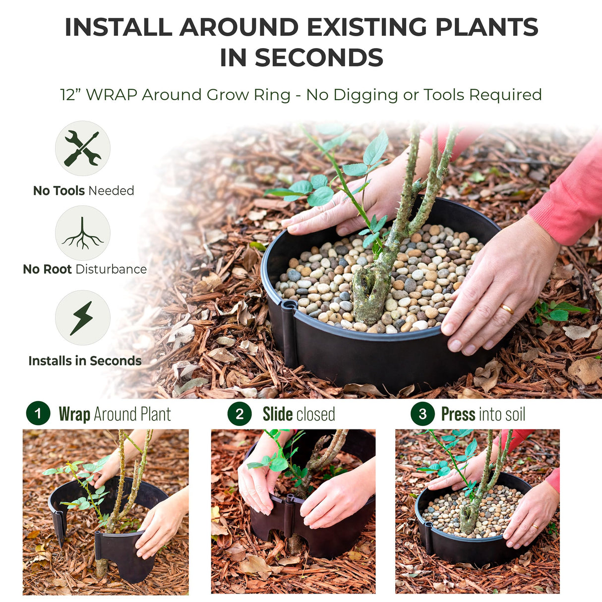 12 Inch Wrap-Around Adjustable Planting Grow Rings | 3 Pack | Brown | Install Around Existing Plants | Square Foot Gardening | Trimmer Protection and Mulch Barrier | Heavy Duty | Made in USA