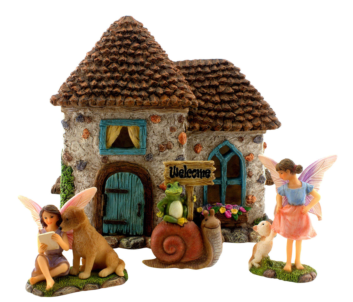 PRETMANNS Fairy House Kit - Fairy Garden Accessories for Outdoor Miniature Village Decor, with Fairies & Sign - Pinecone House, 6.5' High & Door can Open Wide - 4 Piece Supplies