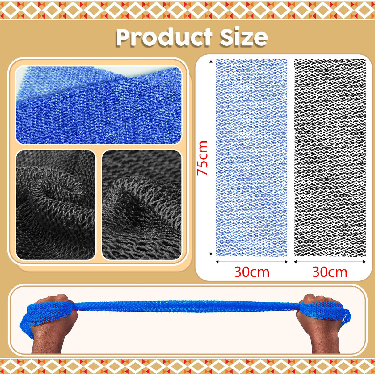 2 Pieces African Net Sponge – Real Authentic Exfoliating Bath Sponges for Silky Smooth Skin, Deep Cleansing Mesh for Full Body, Quick-Drying & Travel-Friendly(Blue Black)