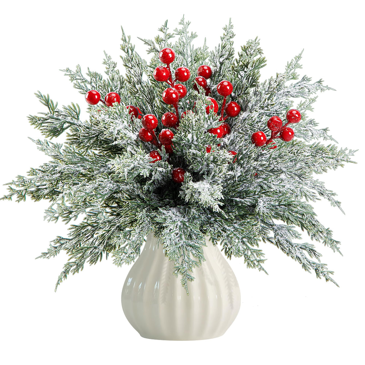 60 Pcs Artificial Christmas Snow Pine Branches with Red Berry Stems, Snowy Faux Greenery Norfolk Pine Cypress Leaves Stems, Berries White Frosted Fake Foliage Pine Needle Picks for Garland Home Decor