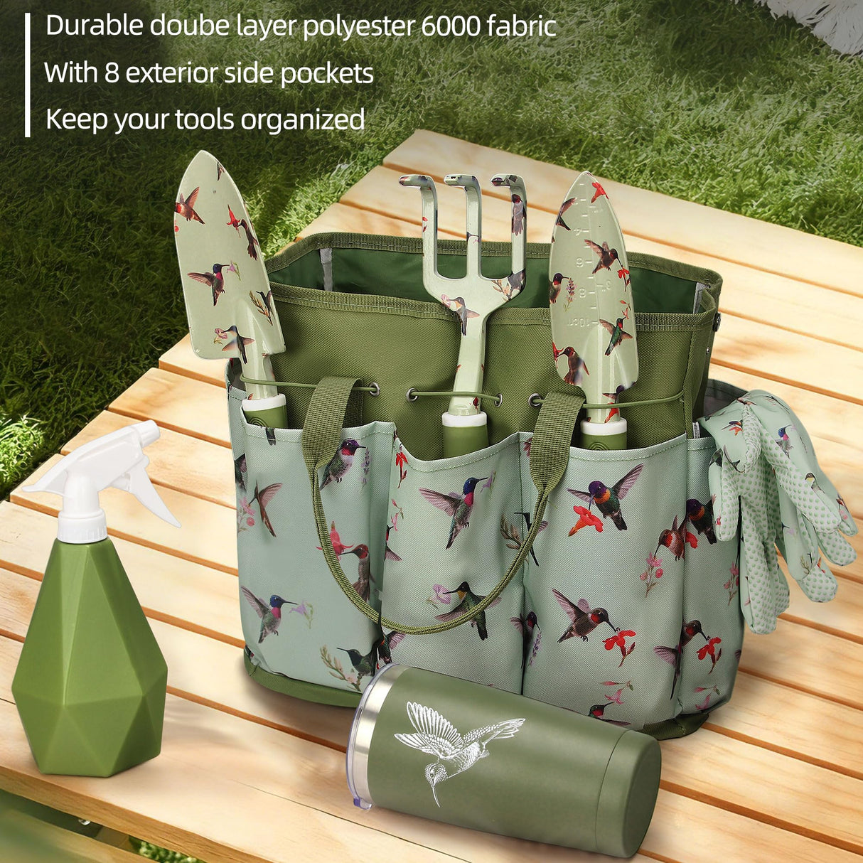 Garden Tool Set with Hummingbird Print, Heavy Duty Gardening Hand Tools with Garden Tool Bag,Gardening Gifts for Women&Men,Green