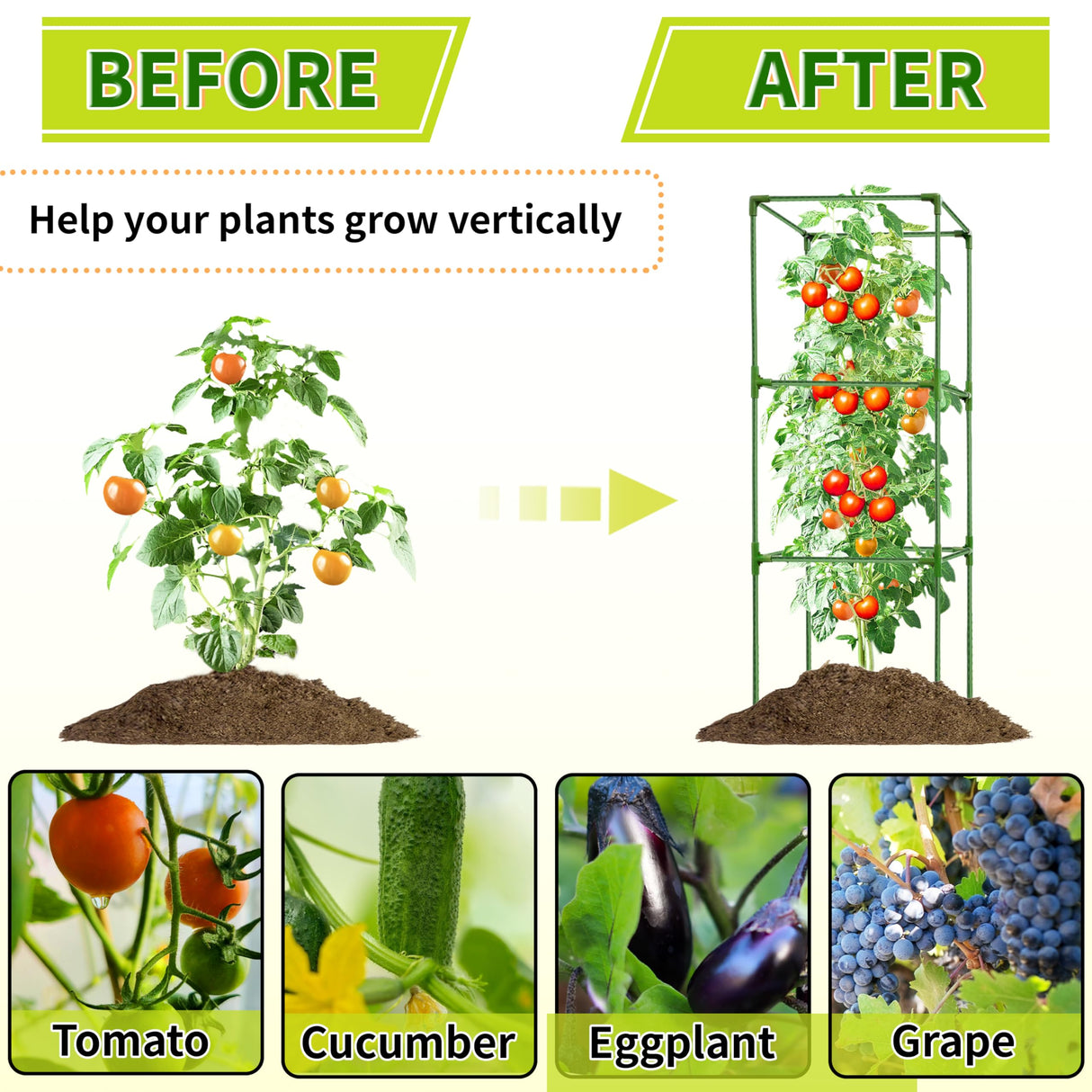 SORANGEUN 3 Pack Square Tomato Cages for Garden - 42 Inch Heavy Duty Tomato Plant Support Stakes, Sturdy Metal Core with Rust-Resistant Coating, Tomato Trellis for Raised Beds