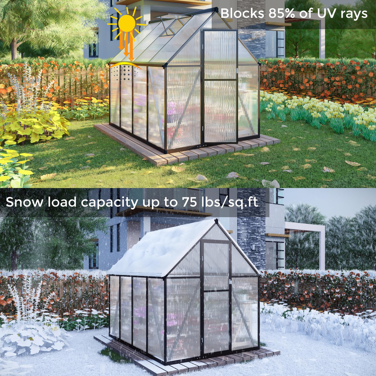 Jiliusure 6 x 4 FT Greenhouse for Outdoors, Polycarbonate Panel Greenhouse Outdoor Quick Setup Structure, Roof Vent, Aluminum Large Walk-in Green House for Outside Garden, Charcoal Black