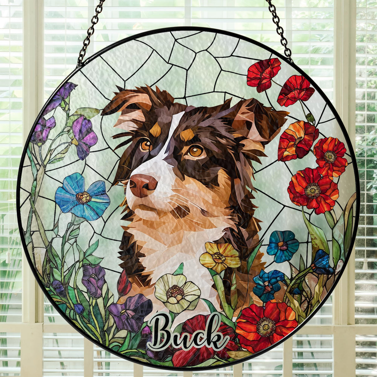 Fastpeace Personalized Stained Glass Pet Photo Suncatcher – Custom Pet Portrait Memorial Window Hanging with Flowers, Keepsake Valentines Gift for Dog Lovers, Cat Lovers, Family Home Decor