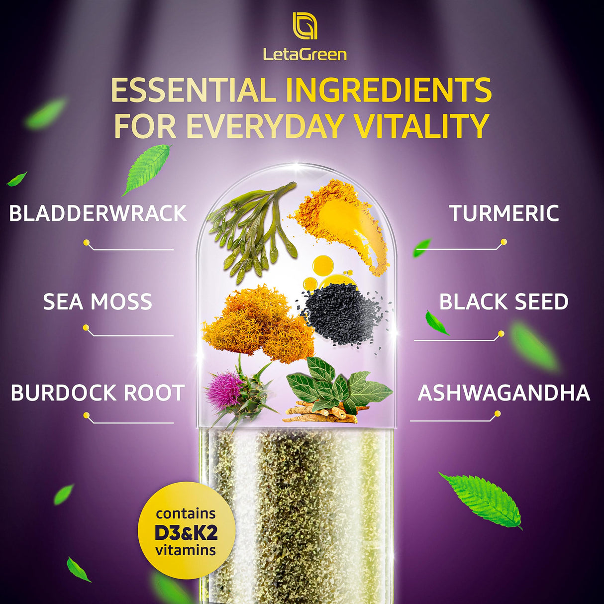 LetaGreen Sea Moss Black Seed Oil Ashwagandha Bladderwrack Burdock Turmeric & Vitamin C, D3, K2 with ACV Elderberry Manuka Honey Dandelion Yellow Dock Iodine Chlorophyll 240 Count