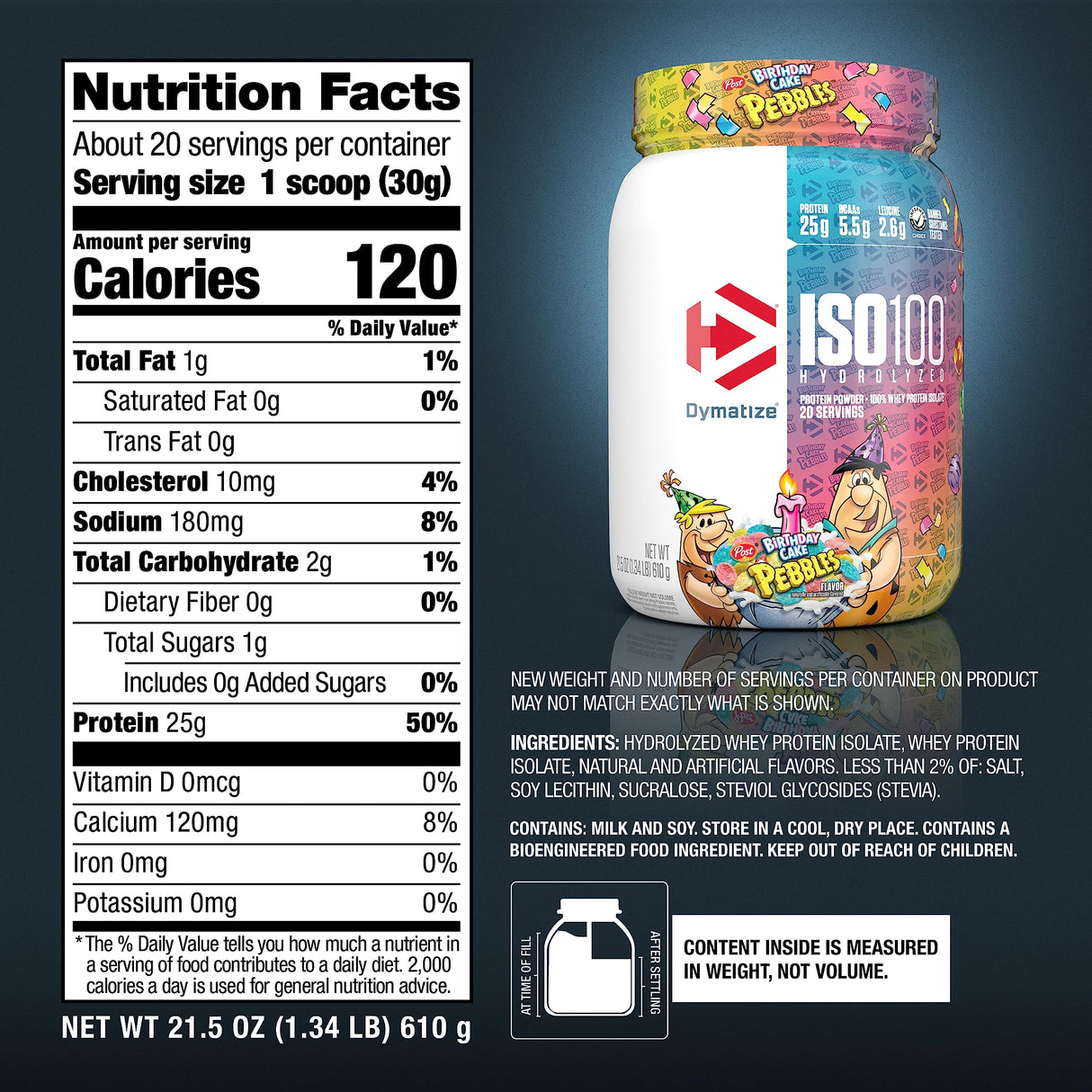 Dymatize x Birthday Cake Pebbles ISO100 Whey Protein Powder Isolate, 25g of Protein, 20 Servings, 5.5g BCAAs, 120 Cal., Gluten Free, 1g Fat, 1g Sugar, 2g Carb