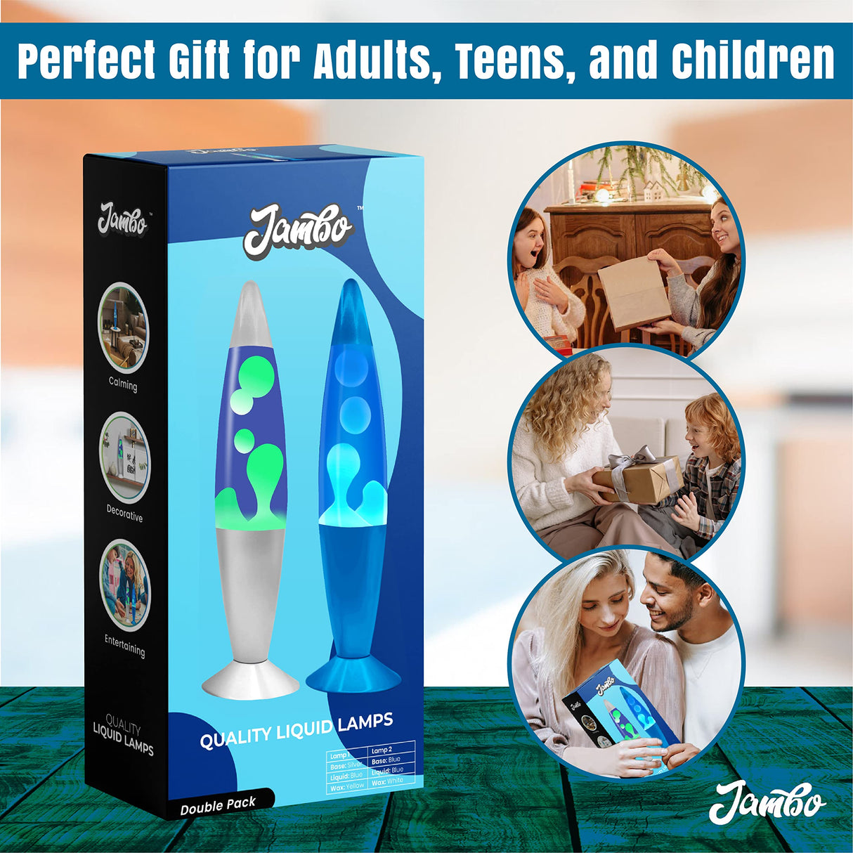 JAMBO 2 Pack- 16" Beautiful Lamp- Blue with Yellow/Green Wax and Purple with Pink Wax, Relaxing Liquid Lamp, Night Light Nightlight, Lamps for Adults Teens Kid