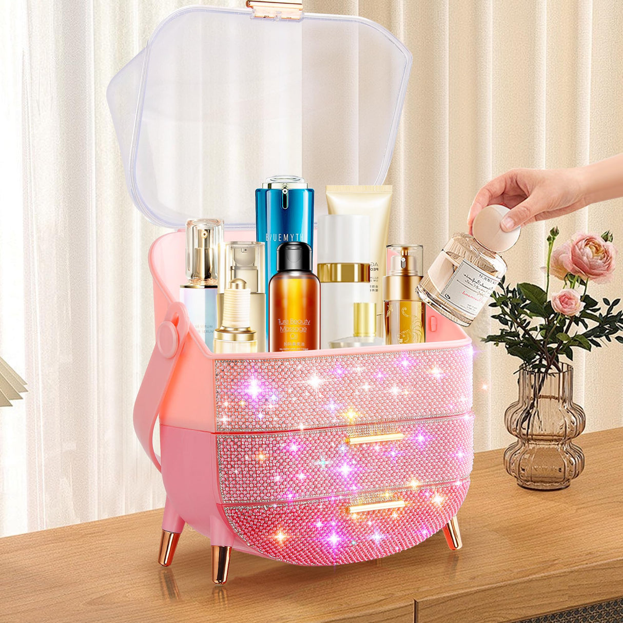 Bling Makeup Organizer for Teen Girl Gift,Hollywood Vanity Makeup Storage Box for Girl Birthday Gift,Practical Gift for Daughter,Bathroom Organizer,Skincare Organizer (Triple Pink)