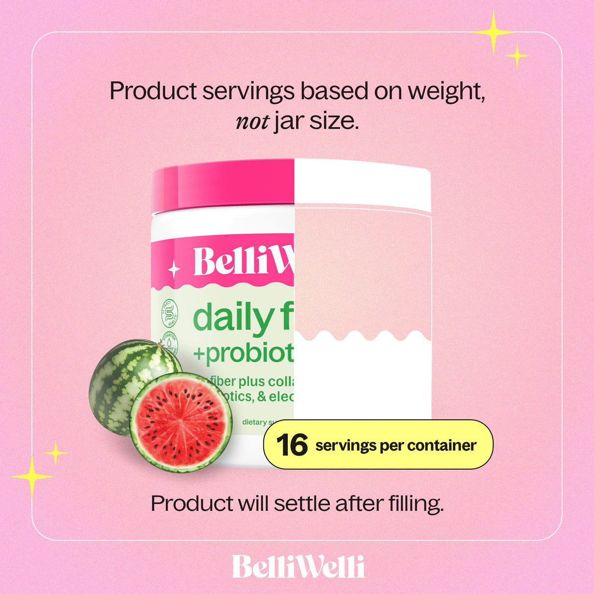 Belli Welli Fiber Supplement for Women & Men – Premium Daily Fiber Powder from Organic Acacia with Added Collagen, Electrolytes & Probiotics – No Bloat, Constipation & Gut Health Support (Watermelon)