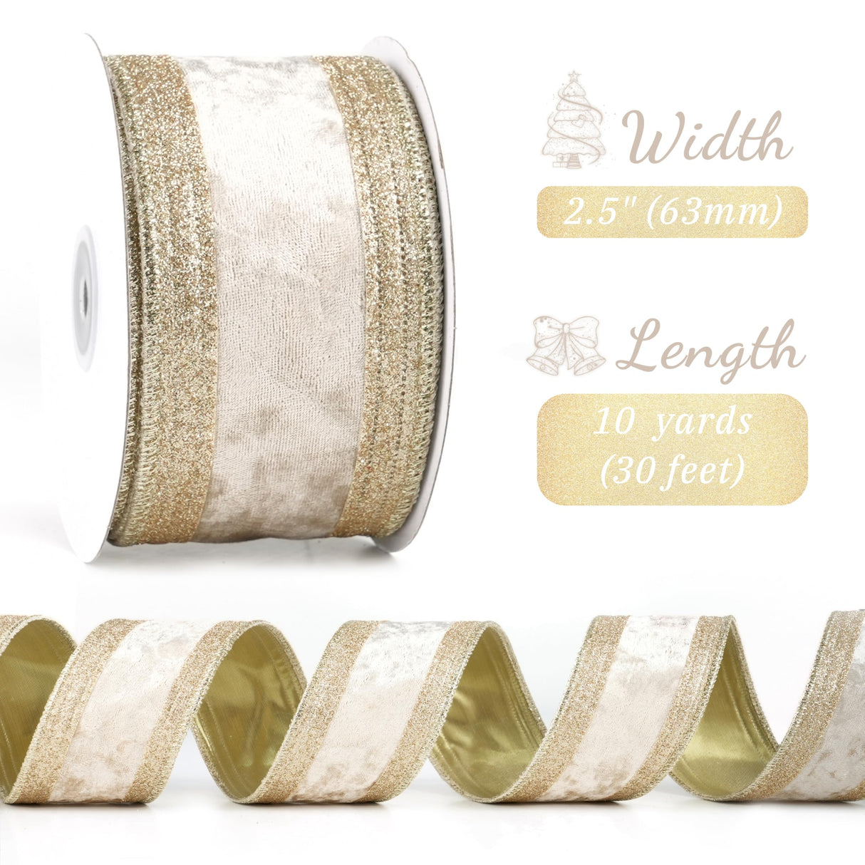 LIZLOVESS Champagne Gold Velvet Wired Ribbon 2.5" X 10 Yards with Glitter Border Stripe Christmas Ribbon for Tree, Wreath Supplies, Garlands Making
