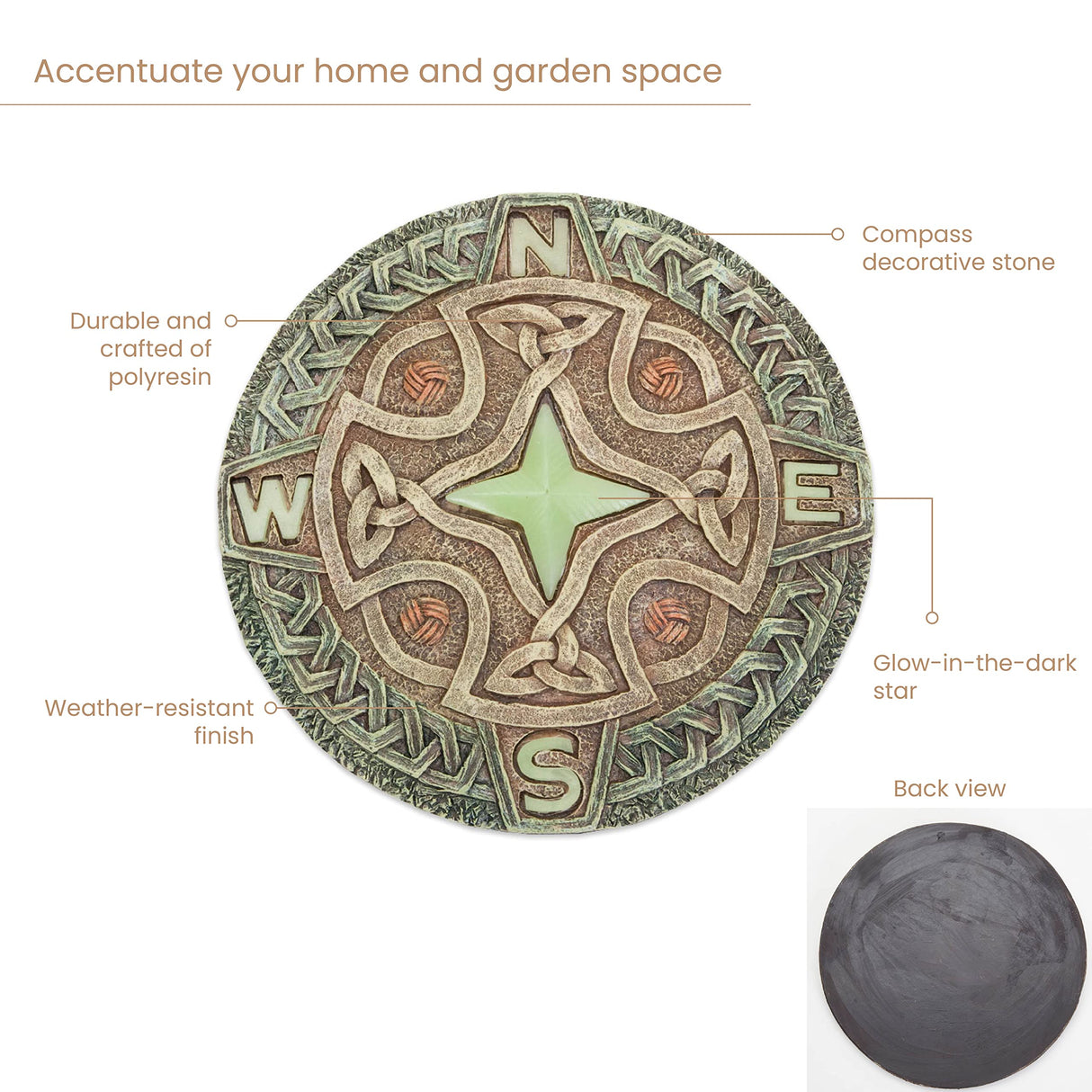 Bits and Pieces - Glow in the Dark Celtic Compass Garden Stone - Irish Garden Decor Yard Art Accent - 10" x 10" Round Durable Polyresin Stepping Pavers for Landscaping and Outdoor Pathways