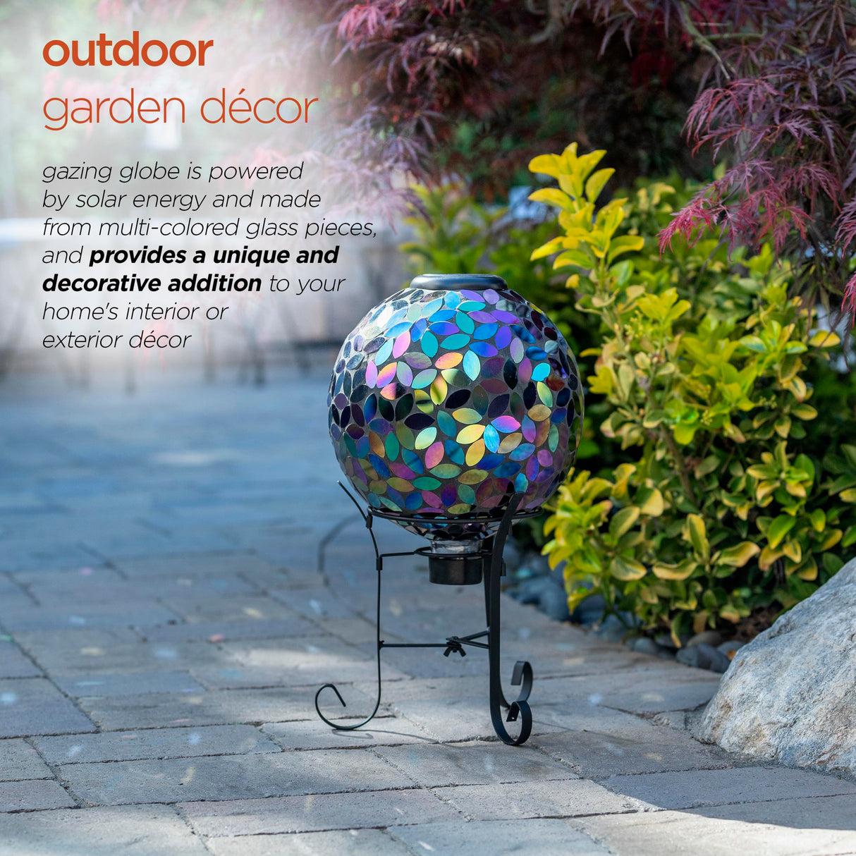 Alpine Corporation GRS122A-SLR Indoor/Outdoor Glass Solar Powered Mosaic Gazing Globe Yard Decoration, 10", Purple