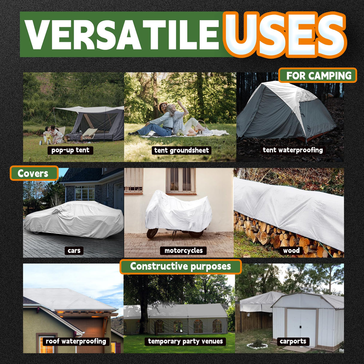RAINDEWAY Tarps 8x8 Feet Tarp Waterproof,7Mil Thick,Finished Size,UV Resistant,Multipurpose Poly Tarp Cover with Metal Grommets and Reinforced Edges,White Tarps