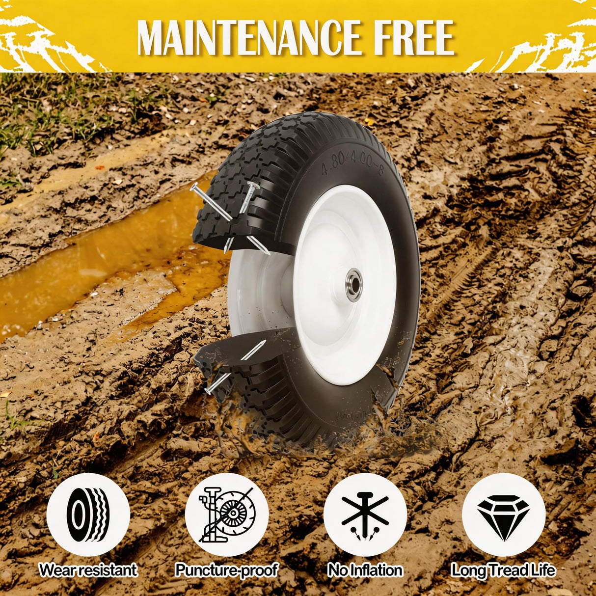 4.80/4.00-8 Wheelbarrow Tire Flat Free, 16'' Tire and Wheel 330LB Load Capacity, with 5/8" & 3/4" Bearings, 3''-4''-6''-7'' Adjustable Hub for Garden Cart, Hand Truck, Trolley, Wagon, 2 Pack