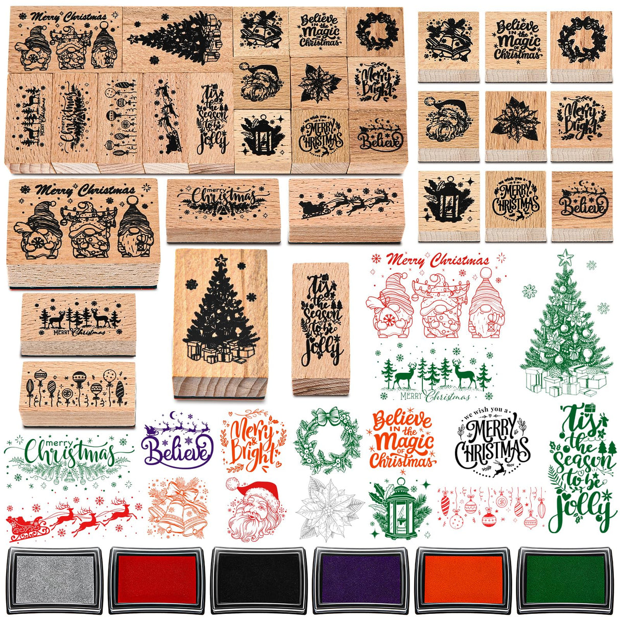 Marspark 22 Pcs Christmas Wooden Rubber Stamps and Craft Ink Pads Set Mixed Christmas DIY Cards Wooden Rubber Stamps for Party Scrapbooking Cards Making Supplies Gift Decor