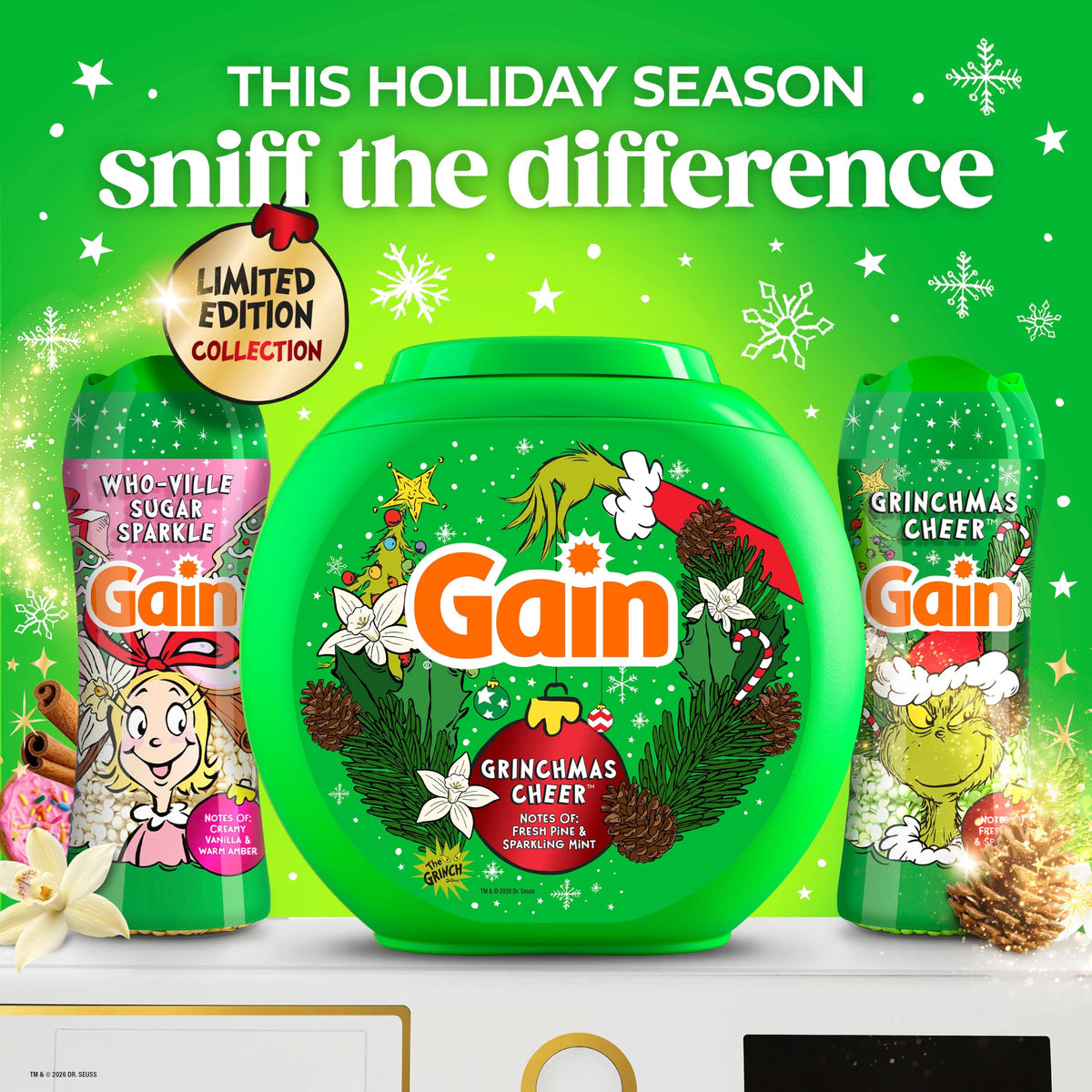 Gain Flings Liquid Laundry Detergent Pods, Odor Defense + Color Guard, Grinchmas Cheer Scent, 4-In-1 Liquid Laundry Detergent Pacs, Clean & Fresh, 60 Count