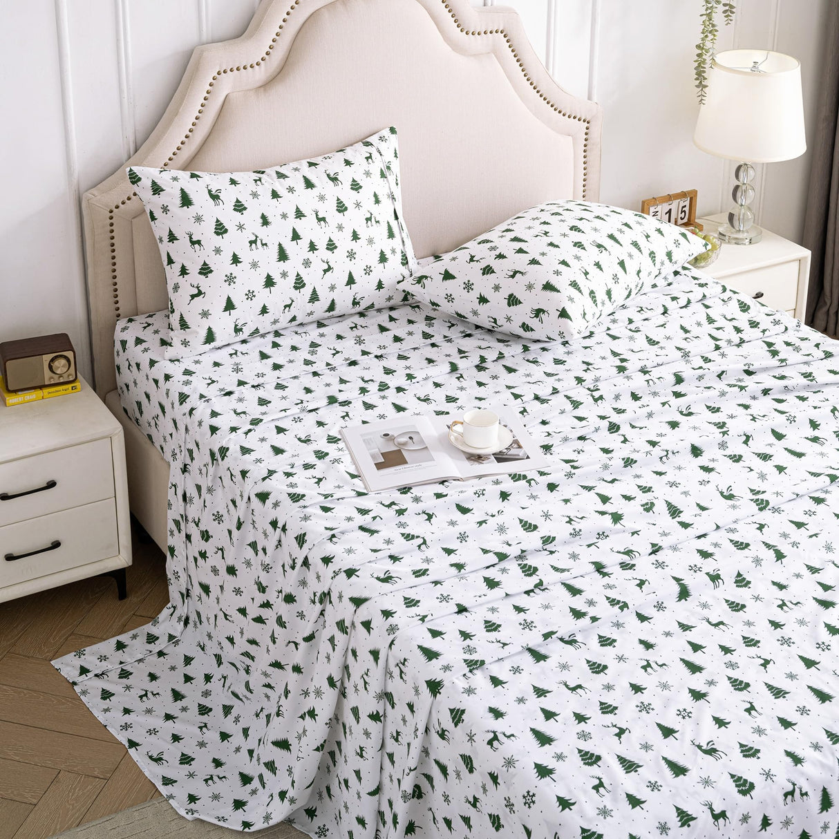 Printed Queen Size Sheet Sets, Christmas Holiday Bed Sheets Queen, Brushed Microfiber Fitted Sheet with 15" Deep Pocket for Queen Size Bed, Christmas Reindeer Patterned Sheets & Pillowcase Set