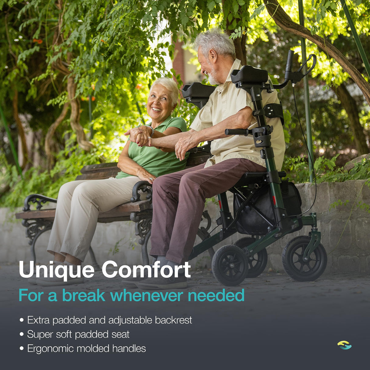 Helavo All Terrain Upright Walker with Flat-Free Solid Rubber Tires - Outdoor Stand Up Walker for Seniors - Tall Standing Rollator with Seat