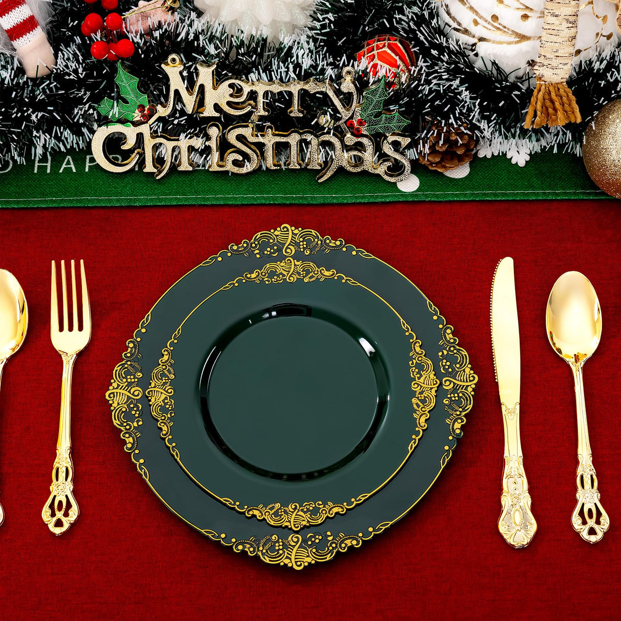 Joyido 102PCS Green and Gold Plates - Green Plastic Plate - Fancy Heavy Duty Disposable Plates - Heavyweight Disposable Dinner & Dessert Plate for 51 Guests for Party & Christmas