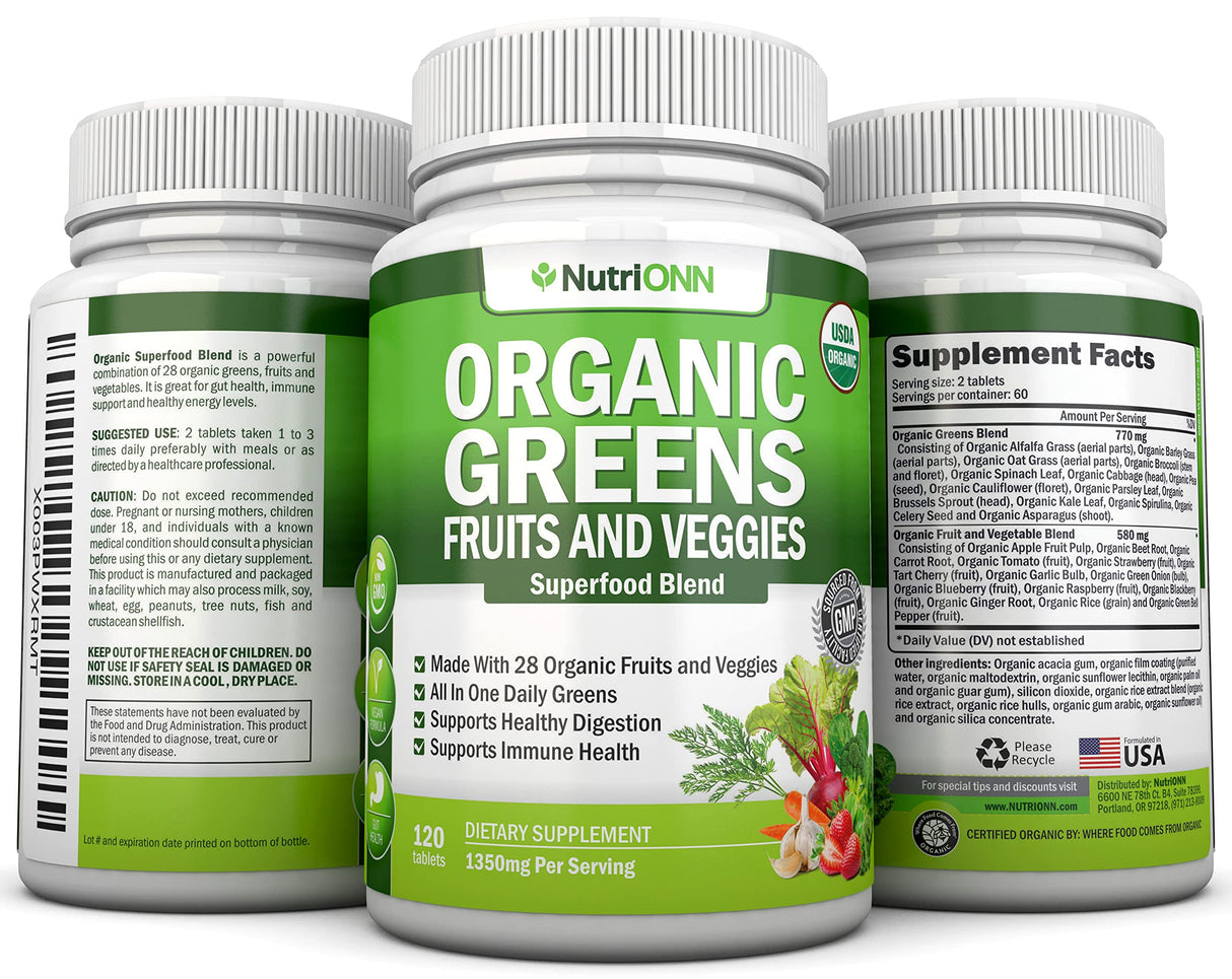 Organic Super Greens Capsules - Fruit And Vegetable Supplements - 120 Count - 28 USDA Organic & Vegan Premium Ingredients - Superfood Blend For Immune Health, Digestion & Energy - Whole Food Vitamins