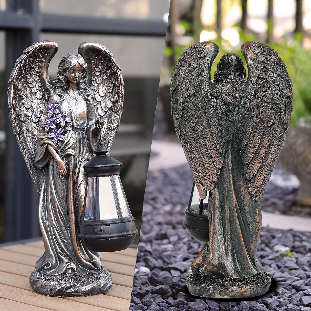 VChymm Solar Angel Outdoor Garden Decor Statues – 13.2 inches Solar Outdoor Sculptures for Outside Yard Art Patio Balcony Front Lawn Ornaments Gifts for Mom Grandma Women(Bronze)
