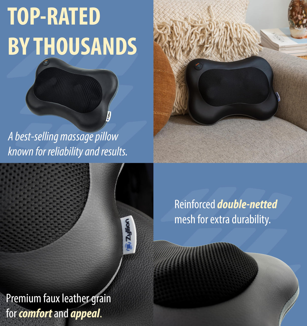 Zyllion Shiatsu Back and Neck Massager with Heat (FSA HSA Eligible) 3D Kneading Deep Tissue Massage Pillow for Muscle Pain Relief, Arthritis, Sciatica, Plantar Fasciitis on Shoulder, Leg, Foot, ZMA-13