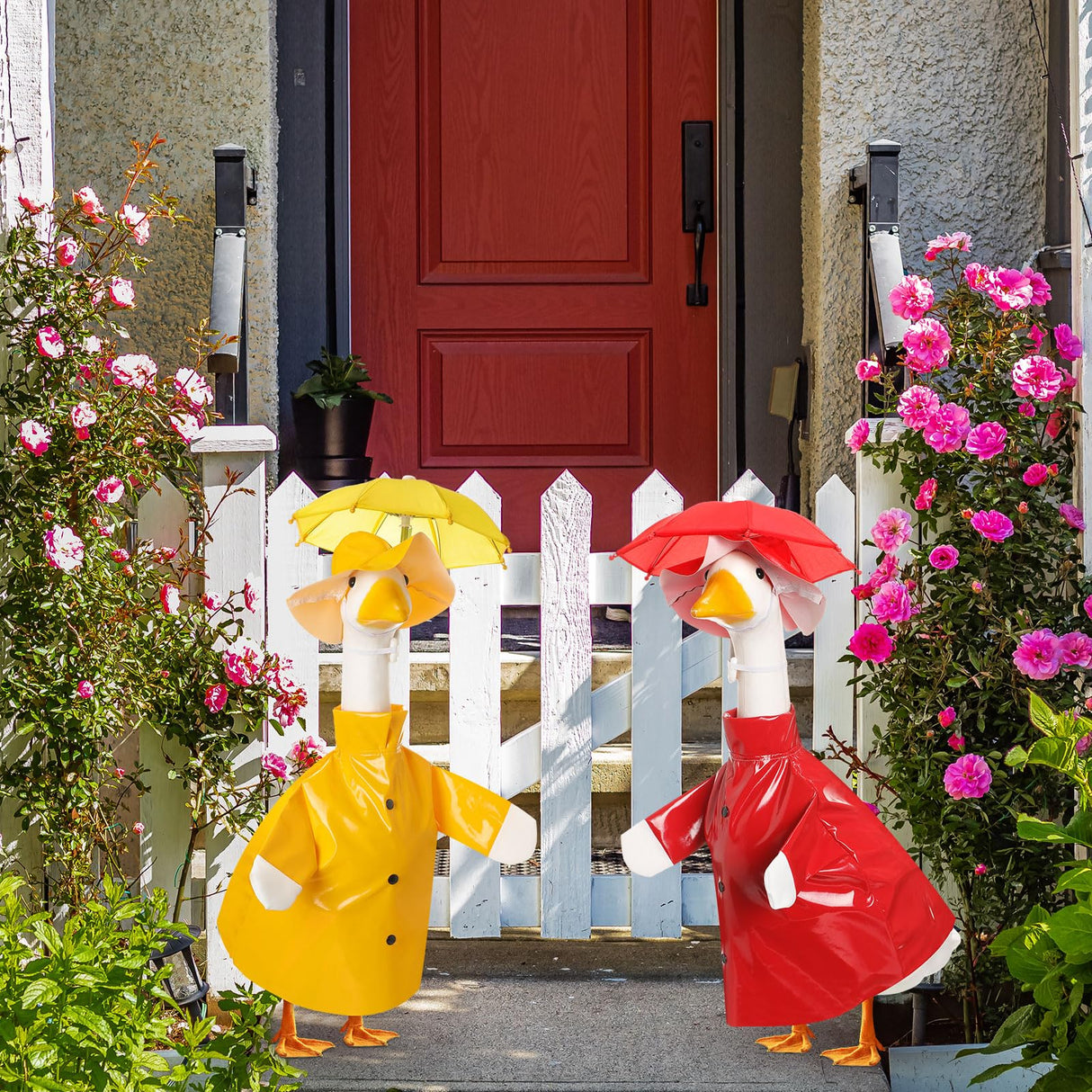 Yeyeplum 2 Set Porch Goose Outfit Raincoat and Umbrella Summer Lawn Porch Goose Cloth Costume Raincoat Outfits for Summer Outdoor Patio Yard Lawn Decoration(Red and Yellow,23 Inches,Classic Style)