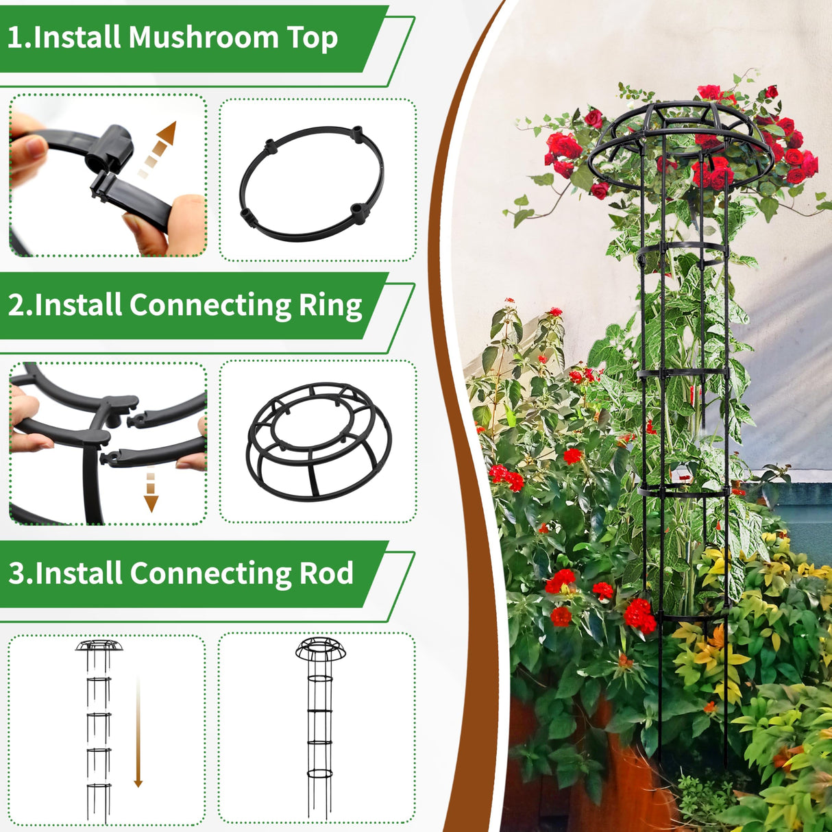 Mushroom Obelisk Trellis for Climbing Plants Outdoor 65", Adjustable Weatherproof Garden Umbrella Plant Trellis Support for Rose, Clematis, Cucumber, Pole Beans, Potted Plants, Yard Patio, 1 Pack
