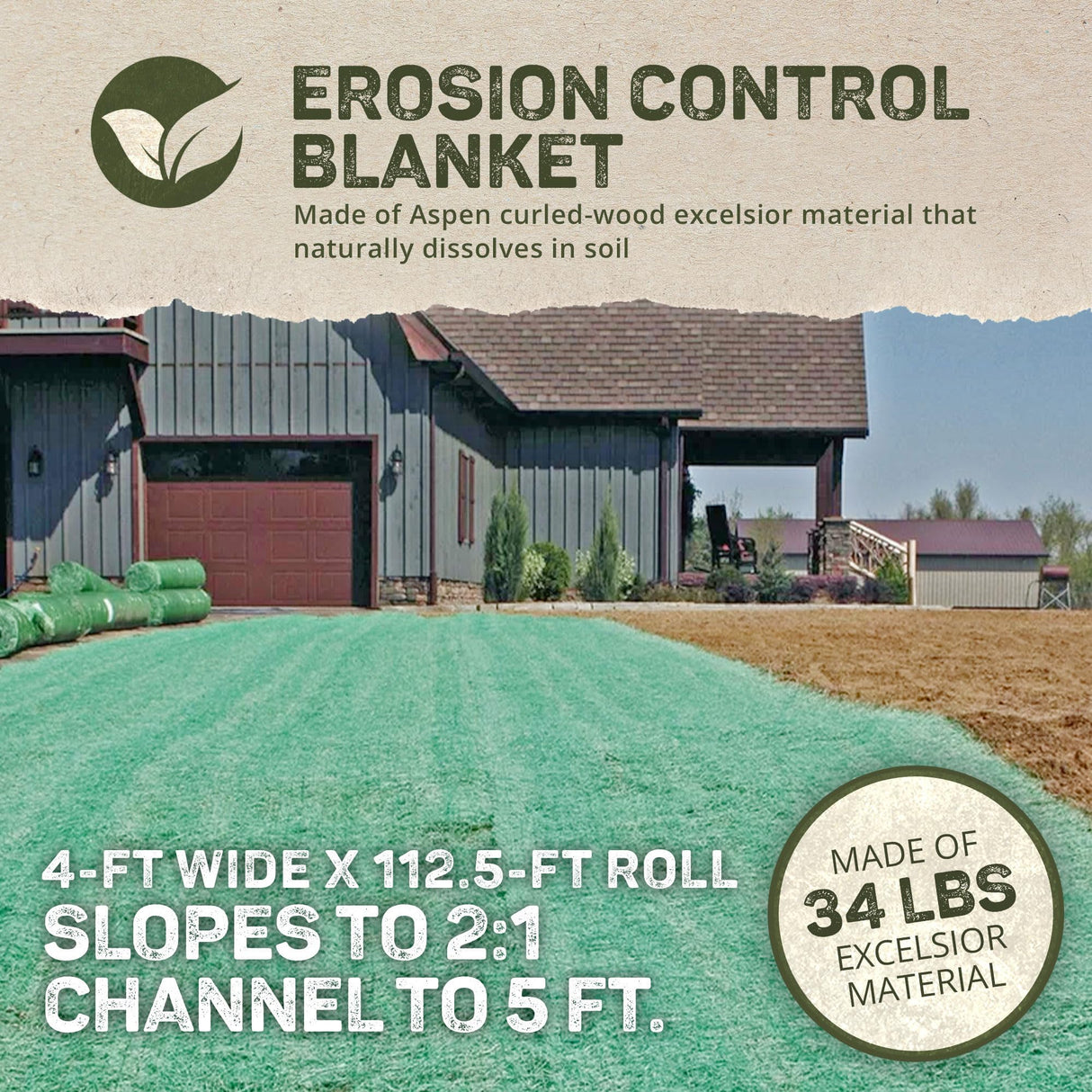 Dewitt Single Net Excelsior Soil Erosion Control Blanket Roll, 4 x 112.5 Feet, Green - Aspen Wood Fiber Mat with Netting for Seed & Grass Establishment, Ground Cover, Yard and Landscaping