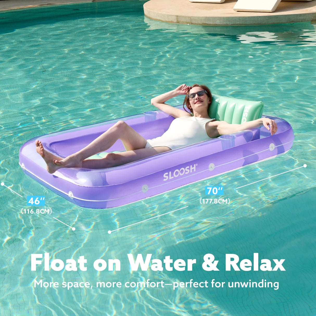 SLOOSH Inflatable Tanning Pool Lounger Float, 70" x 46" Pool Floats Adult with Pillow, 4 in 1 Suntan Tub Raft Floatie,Sunbathing Bed Lounge for Water Blow Up Kids Ball Pit Party Gifts, L-Purple Green