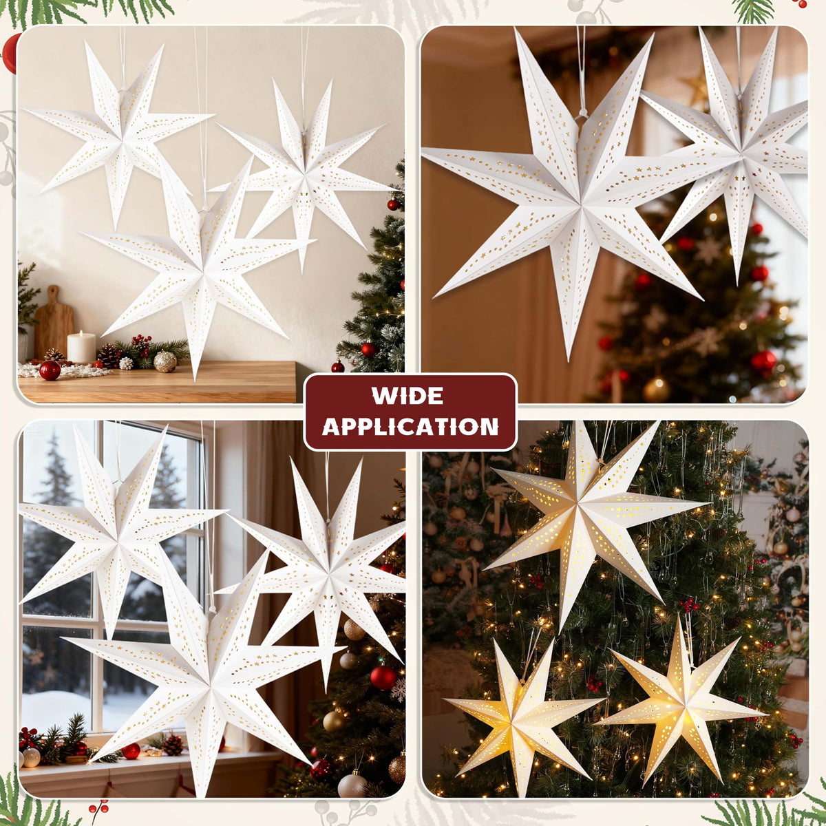 Paper Star Lanterns with Lights, Christmas Hanging Decor Indoor, 3-Pack